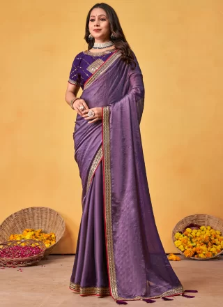 Lavender Patch Border, Crystals, Embroidered and Swarovski Work Rangoli Trendy Saree