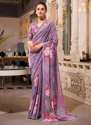 Lavender Patch Border, Lace, Pearls and Print Work Georgette Trendy Saree