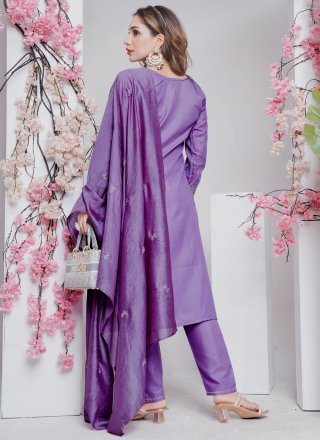 Lavender Rayon Embroidered Work Salwar Suit for Women