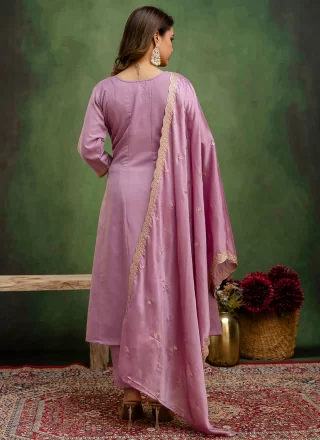 Lavender Rayon Readymade Salwar Suit with Embroidered and Zari Work