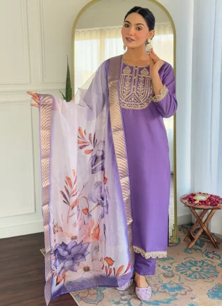 Lavender Rayon Salwar Suit with Embroidered and Print Work for Engagement