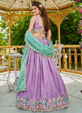 Lavender Satin Embroidered, Fancy, Sequins and Zari Work Lehenga Choli
