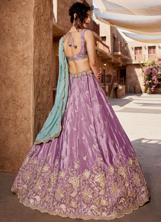 Lavender Satin Embroidered, Sequins, Stone and Zari Work Lehenga Choli for Engagement