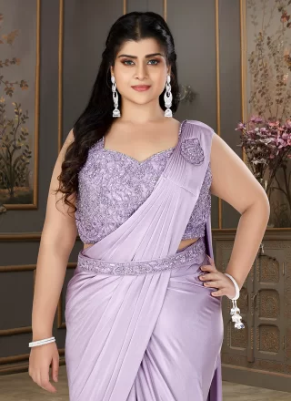 Lavender Satin Embroidered Work Contemporary Saree for Ceremonial