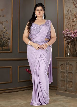 Lavender Satin Embroidered Work Contemporary Saree for Ceremonial