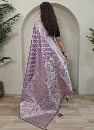Lavender Satin Weaving Work Designer Sari