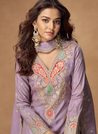 Lavender Shimmer Readymade Salwar Suit with Embroidered and Zari Work