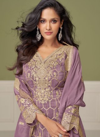 Lavender Shimmer Readymade Style with Embroidered, Mirror and Zari Work