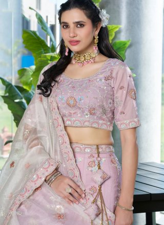 Lavender Silk A - Line Lehenga Choli with Embroidered, Sequins, Stone, Thread and Zari Work