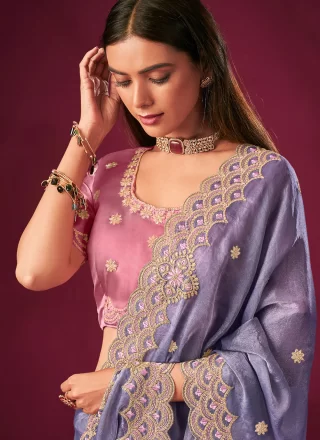 Lavender Silk Booti, Cut, Embroidered and Zari Work Classic Sari