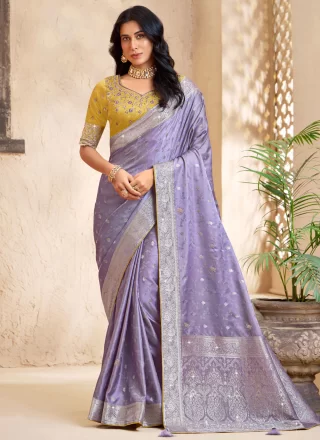 Lavender Silk Booti, Stone, Weaving and Zari Work Classic Saree