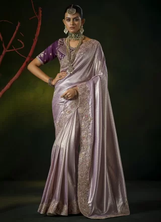 Lavender Silk Cut, Embroidered, Sequins, Weaving and Zari Work Classic Sari