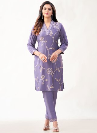 Lavender Silk Embroidered and Fancy Work Casual Kurti for Ceremonial