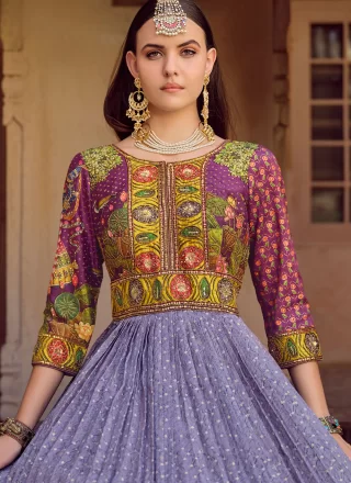 Lavender Silk Embroidered, Foil Print, Sequins, Stone, Thread and Zari Work Gown