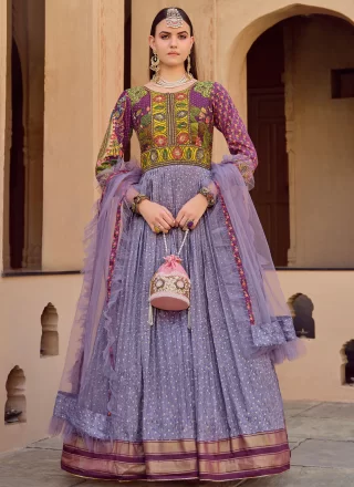 Lavender Silk Embroidered, Foil Print, Sequins, Stone, Thread and Zari Work Gown