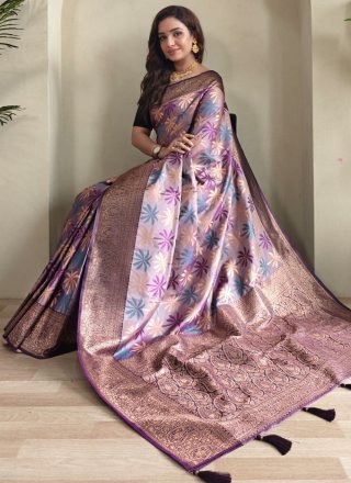 Lavender Silk Jacquard and Weaving Work Contemporary Saree for Ceremonial