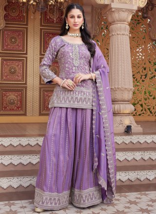 Lavender Silk Palazzo Salwar Suit with Embroidered, Fancy and Thread Work
