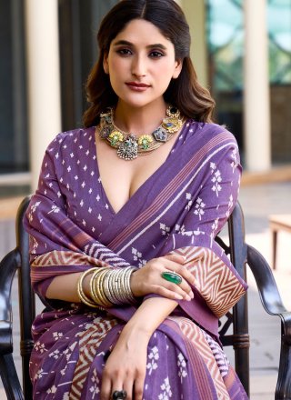 Lavender Silk Print Work Traditional Saree for Ceremonial