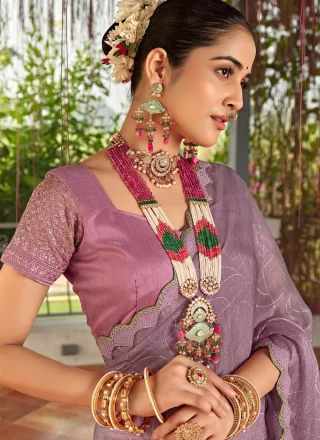 Lavender Silk Traditional Saree with Cut and Embroidered Work