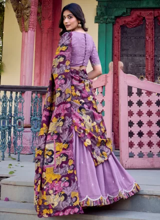 Lavender Vichitra Silk Lehenga Choli with Patch Border, Booti, Embroidered and Print Work