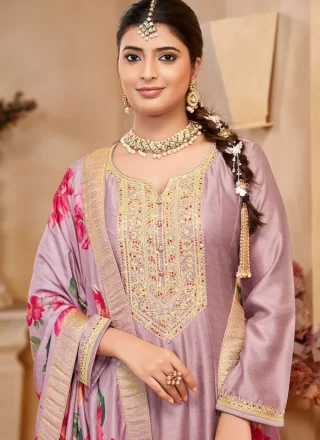Lavender Vichitra Silk Salwar Suit with Embroidered and Zari Work
