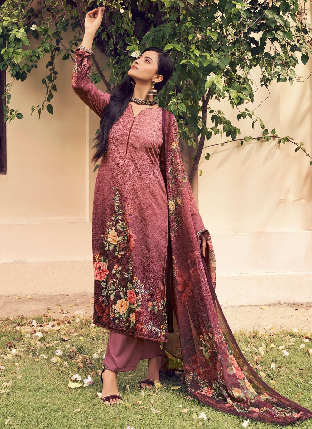 Buy Lavish Pink and Rust Pure Crepe Salwar Suit with Print Work