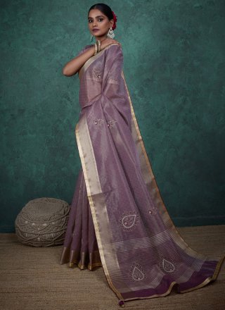 Linen Classic Sari with Cut Dana, Moti and Thread Work
