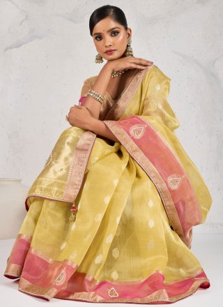 Linen Contemporary Sari In Yellow Color