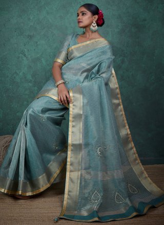 Linen Traditional Saree In Blue Colour