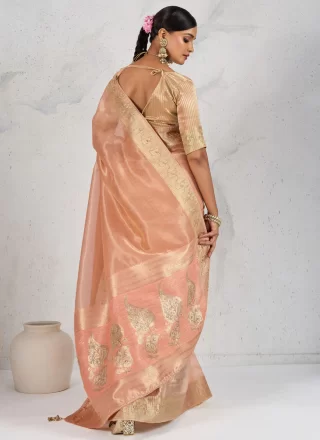 Linen Traditional Saree with Pearls, Thread, Woven and Zardosi Work