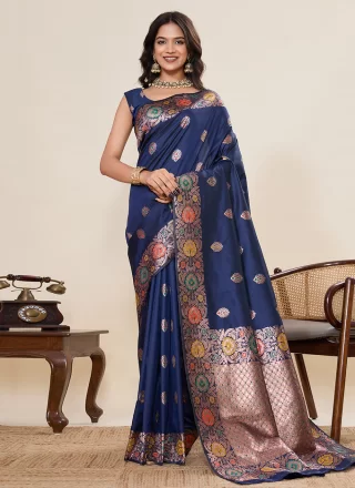 Lovable Blue Silk Contemporary Sari