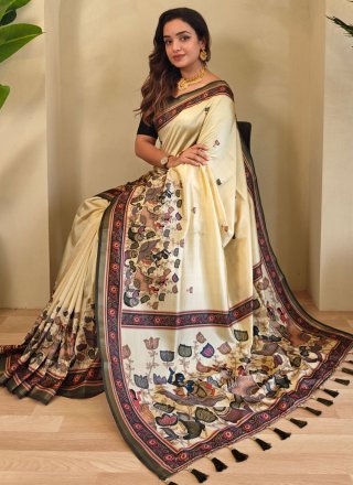 Lovely Cream Viscose Traditional Saree with Fancy and Print Work