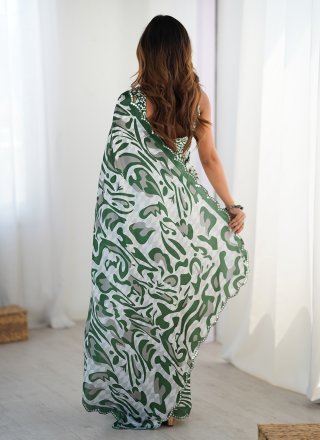 Lovely White Chinon Designer Saree with Cut, Digital Print and Mirror Work