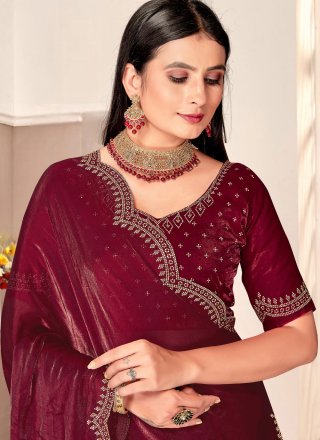 Lovely Wine Satin Silk Traditional Saree