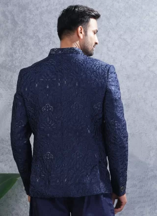 Lucknowi Jodhpuri Suit In Blue Color
