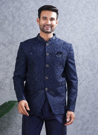 Lucknowi Jodhpuri Suit In Blue Color