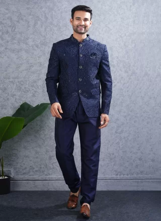 Lucknowi Jodhpuri Suit In Blue Color
