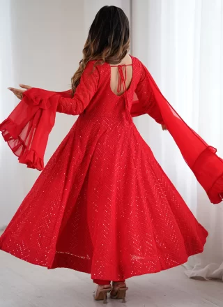 Lucknowi Work and Sequins Work Faux Georgette Salwar Suit In Red for Ceremonial