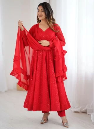 Lucknowi Work and Sequins Work Faux Georgette Salwar Suit In Red for Ceremonial