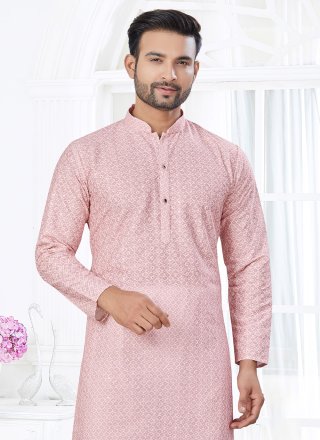 Lucknowi Work Work Cotton Kurta Pyjama In Pink for Casual