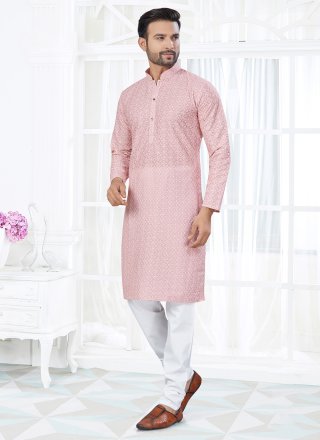 Lucknowi Work Work Cotton Kurta Pyjama In Pink for Casual
