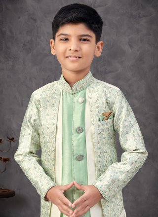 Machine Embroidery and Sequins Work Jacquard Indo Western In Green