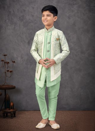 Machine Embroidery and Sequins Work Jacquard Indo Western In Green