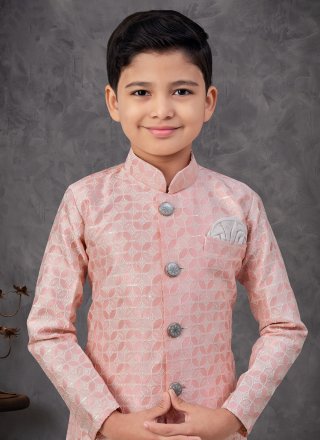Machine Embroidery and Sequins Work Jacquard Indo Western In Peach