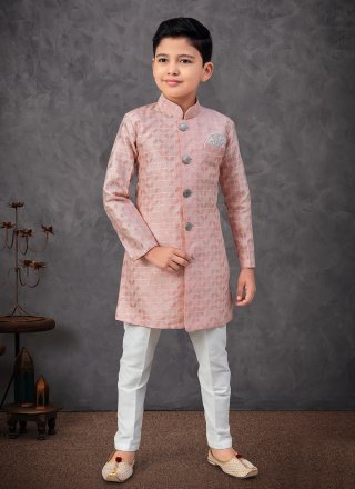 Machine Embroidery and Sequins Work Jacquard Indo Western In Peach