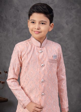 Machine Embroidery and Thread Work Silk Indo Western In Peach for Festival