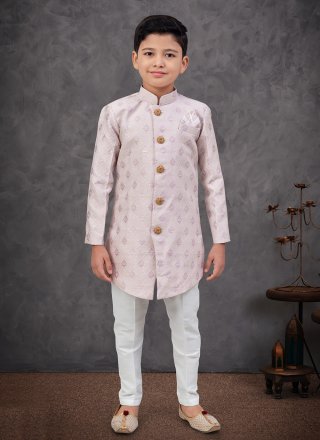 Machine Embroidery and Zari Work Banarasi Jacquard Indo Western In Cream and Purple for Festival