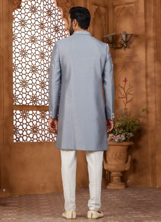 Machine Embroidery, Resham and Thread Work Silk Indo Western Sherwani In Grey