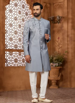 Machine Embroidery, Resham and Thread Work Silk Indo Western Sherwani In Grey