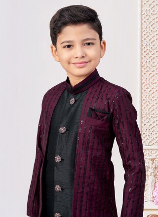 Machine Embroidery, Stone and Thread Work Silk Indo Western In Black and Wine